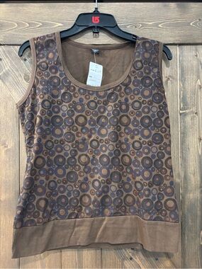 Made in Nepal Brown Blue Retro Circle Print Cotton Tank Top Large Boho